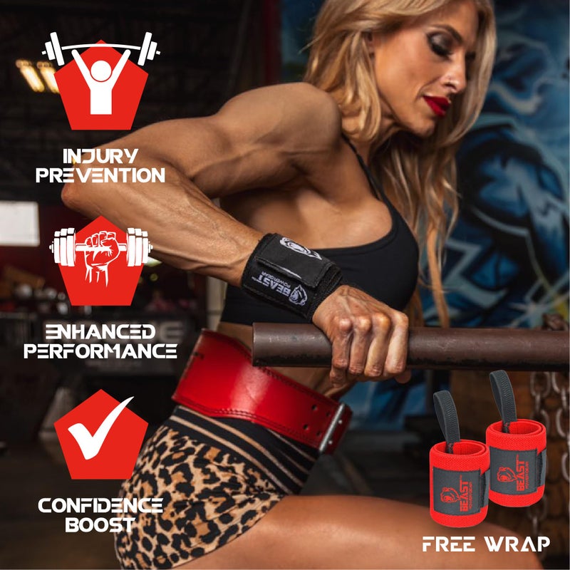 Beast Power Gear حزام رفع الأثقال - حزام جلد طبيعي 4 بوصات مع دعم مبطن للظهر السفلي لتمارين كمال الأجسام والقرفصاء ورفع الأثقال وتدريب القوة للرجال والنساء مع لفات معصم مجانية - Image 3